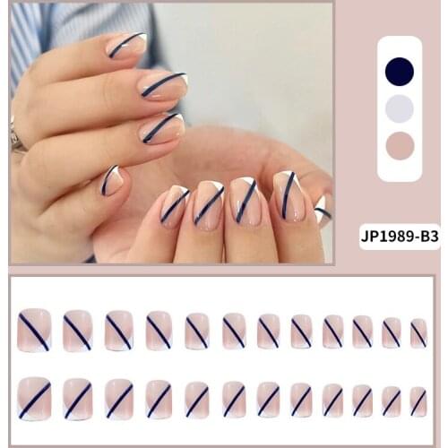 24pcs Blue Lines Nail Patch Glue Type Removable Short Paragraph Fashion Manicure Save Time False Nail Patch Tn