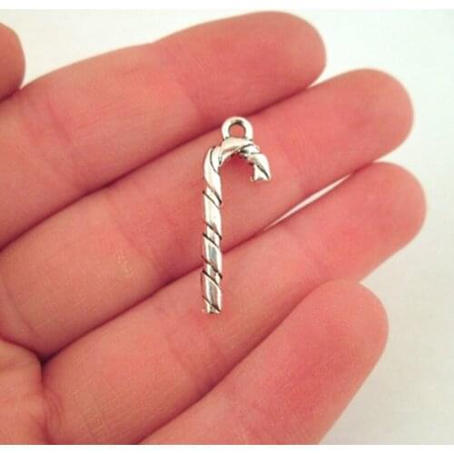 10pcs Christmas Gifts Charms Candy Cane Antique Silver Color Accessories Pendants Making DIY Bracelet Handmade Tibetan Jewelry