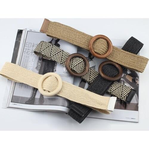 Q Vintage Boho Braided Waist Belt Summer Solid Color Female Belt Round Wooden Smooth Buckle Wide Belts Women Dress Accessories