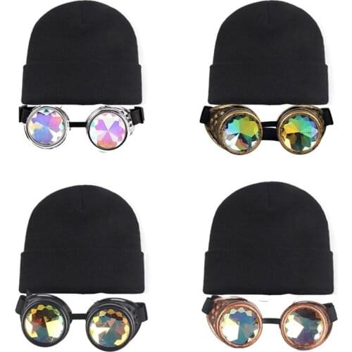 Glasses Beanies Kaleidoscope Rave Goggles Steampunk Glasses with Rainbow Crystal Glass Lens Knitted hat Wholesale
