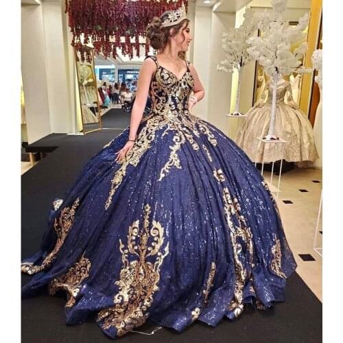 Navy Blue vestidos de xv 15 años Sequined Quinceanera Dresses Corset Back Ball Gown Prom Sweet 16 Dress robe de princesse fille