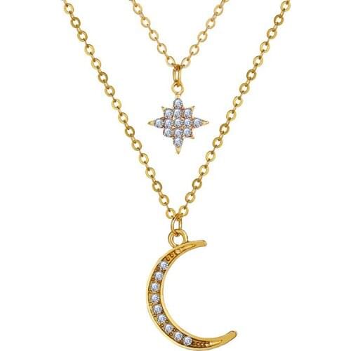 Vintage Star Moon Crystal Pendant Necklace for Women Gold Color Multilayer Horn Crescent Necklace Collier Collares Jewelry Gift
