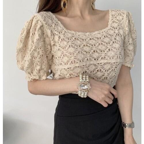 New Summer Square Neck Crochet Tops Cute Japanese Korean Puff Sleeve Top Women Knitwear Cotton Knitted Pullover