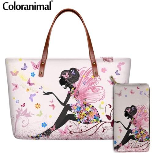 Coloranimal Brand Design Butterfly Flower Women Pattern Large Handbags for Ladies 2Pcs Shoulder Bag Tote Crossbody Bag for Women