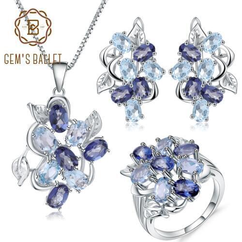 GEMS BALLET 925 Sterling Silver Leaves Ring Earrings Pendant Set Natural Sky Blue Topaz Mystic Quartz Classic Jewelry For Women