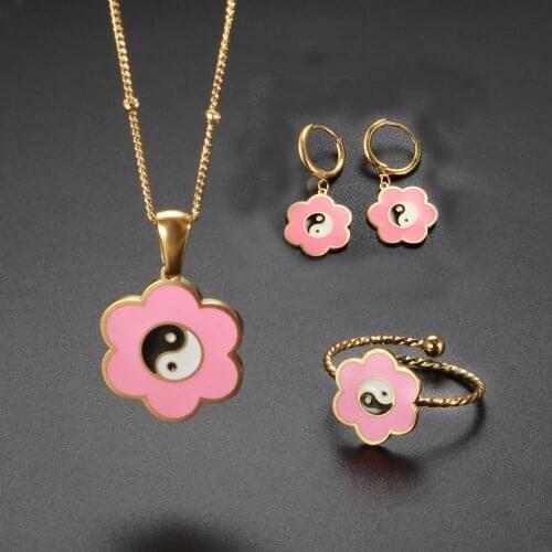 Pink Flower Yin Yang Pendant Necklace Cute Earrings Adjustable Ring For Women Colorful Dripping Oil Fashion Summer Jewelry Set