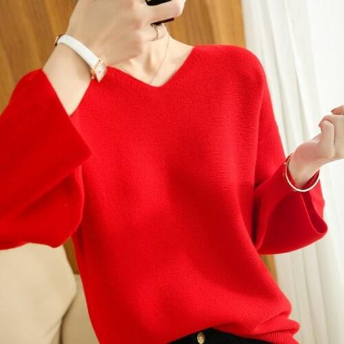 Sweater womens spring and autumn 2021 100% pure wool knitted top pullover lazy style V-neck long-sleeved bottoming shirt