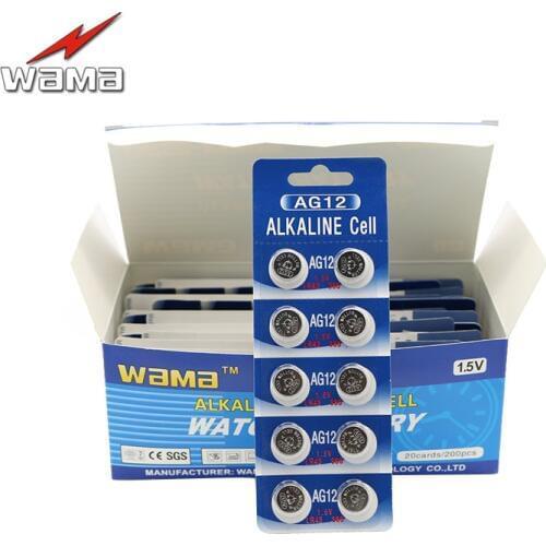 200pcs/lot Wama AG12 1.5V Batteries Button Cell LR43 386 301 SR43W 386 Alkaline Boin Battery Disposable for Calculator Toys