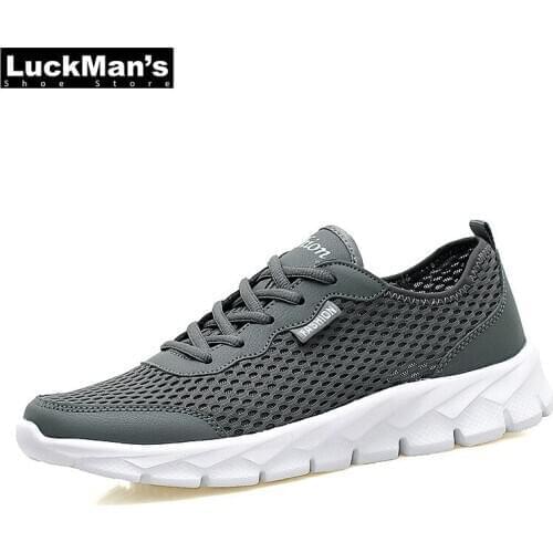2021 Men Sneakers Summer Fashion Breathable Light Mesh Shoes Men Lace Up Shoes Gray Black Flat Plus Size 35-48 LMS005