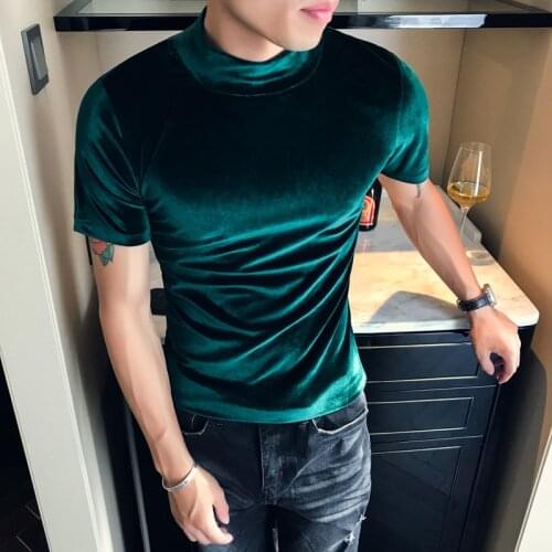 2021 Autumn Winter T-Shirt Men Fashion Turtleneck Streetwear Men T-Shirts Short Sleeve High Quality Velvet Tee Shirt Homme S-3XL