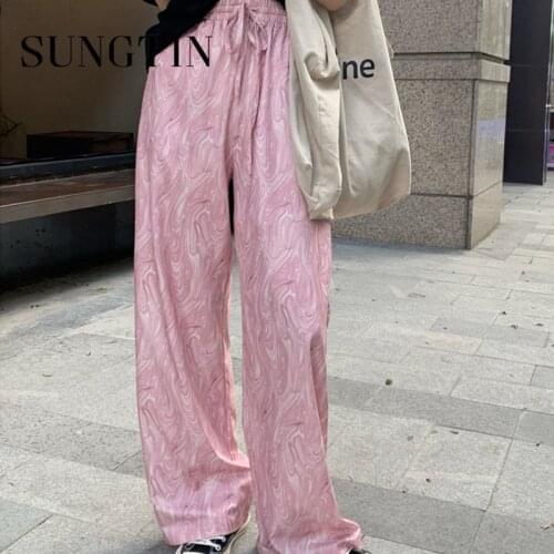 Sungtin Tie Dye Wide Leg Pants for Women Vintage High Waist Harajuku Pants Korean Print Loose Straight Trousers Spring Autumn