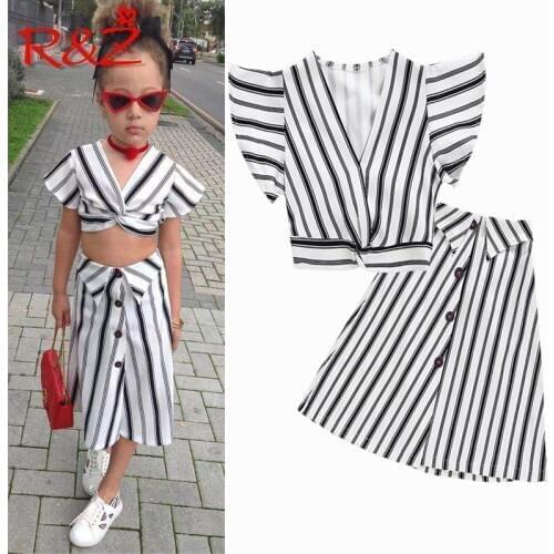 R&Z childrens suit 2019 summer new European and American tide fan girls loose striped v-neck chiffon shirt skirt two-piece