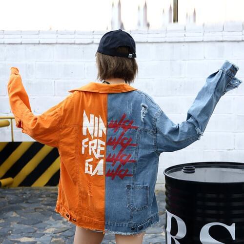 Hip Hop Girls 2018 Spring Autumn New Long Sleeve Blue Orange Patchwork Ripped Denim Jacket Washed Jeans Stylish Coat