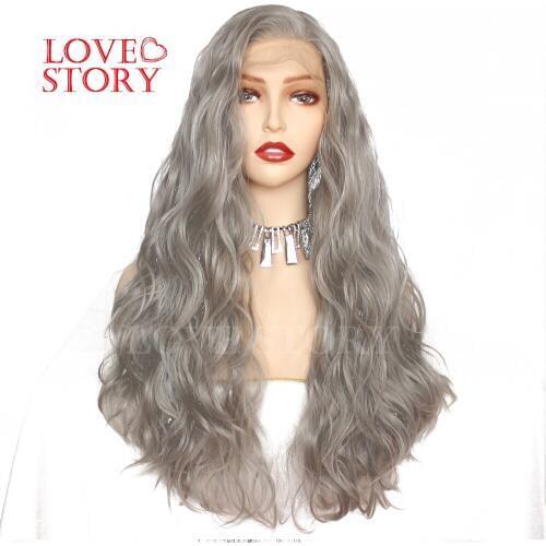 Lovestory Grey Color Synthetic Lace Front Wig Water Wave Half Hand Tied Heat Resistant Fiber Hair Replacement Wigs