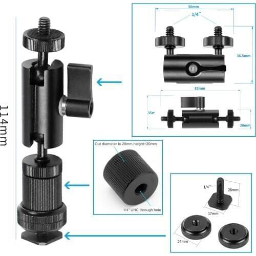 Magic Arm Dual Ball Head 1/4" Mount Bracket Metal w Phone Clip & Super Clamp Cold Shoe for Monitor Light DV DSLR for GoPro 9 8