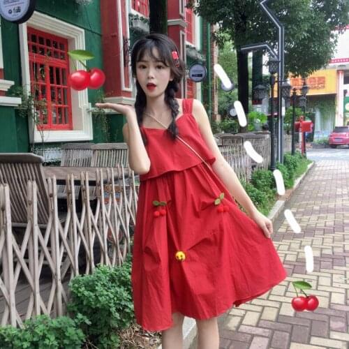 Kawaii Cute Womens Sleeveless Dress Soft Sweet Spaghetti Strap Clothing Summer Japanese Girly Slash Neck All-Match Streetwear