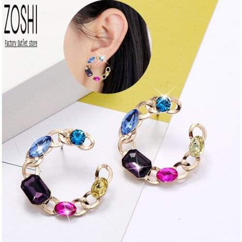 Trendy C Shaped Multicolor Crystal Earring New Unique Simple Gold Chain Half Round Drop Earrings For Women Hoop Boucle D'oreille