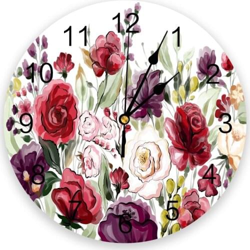 Color Flower Leaf Plant Watercolor Print Wall Clock Wall Art Silent Non ticking Round Wall Watch for Home Decortaion Best Gift