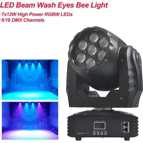 NEW 7x12W High Power RGBW 4IN1 LED Beam Wash Eyes Bee Moving Head Light DMX512 Sound 5/16 Channels Stage DJ Disco Party Lighting