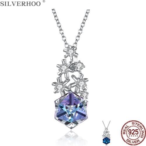 SILVERHOO 925 Sterling Silver Snowflake Pendant Necklaces For Women Colorful Square Austria Crystal Fine Jewelry Christmas Best