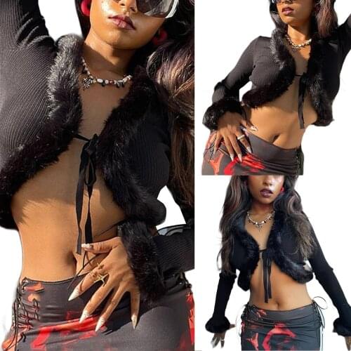 Sexy womens Bolero Fur Trimmed blouse,fashionable black solid color long sleeve lace up, belly button exposed hot girl cardigan