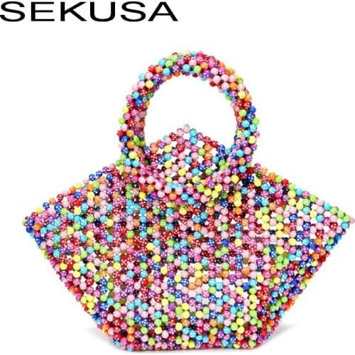 SEKUSA Behomian style women beaded day clutches pearl handmade wedding bridal handbags for party evening bag case holder