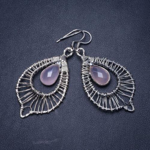 Natural Rose Quartz Handmade Unique 925 Sterling Silver Earrings 2.25" Y1466