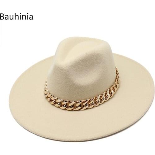Bauhinia Solid Color Fedora Hats Big Brim 9.5cm Classic Formal Felted Jazz Hats With Chain Winter Women Hat sombreros de mujer