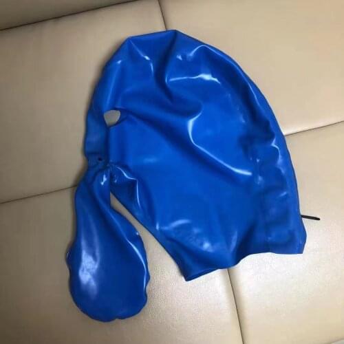 Blue Latex Hood With Bag Zipper At Back Open Eyes Nose Rubber Mask Plus Size cosplay party masks