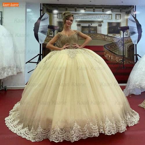 Dubai Beading Wedding Dresses 2021 Champagne Lace Up Vestido De Noiva Tulle Fluffy Ball Gown Bridal Dress Arabic Robe De Mariage