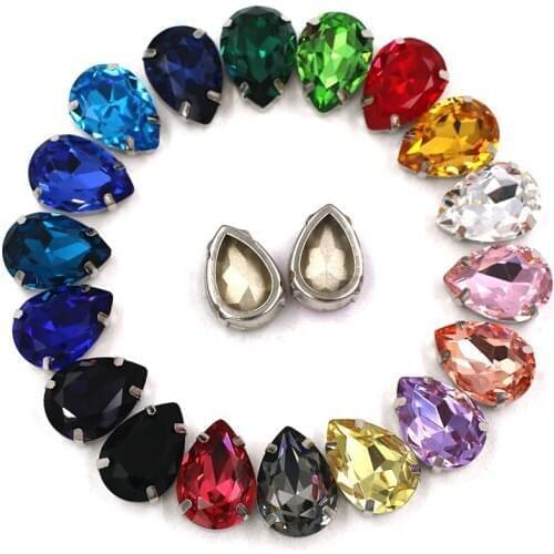 High quality K9 glass crystal drop shape sew on claw rhinestones with silver frame for crafts/bag/clothing/dress