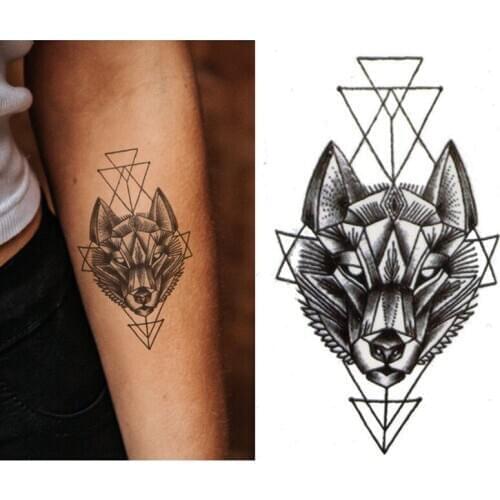 1pc Temporary Tattoo Black Geometric Wolf Body Art Sticker Waterproof Black Realistic Fake Tattoo for Women Men