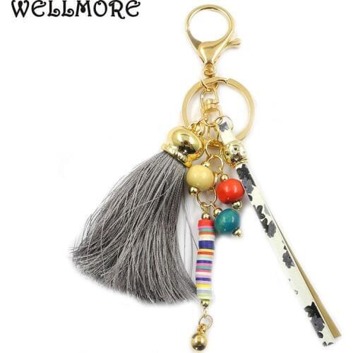 WELLMORE boho leather,long-tassel,colorful alloy Key Chain For Women Girl Bag Keychain fashion jewelry