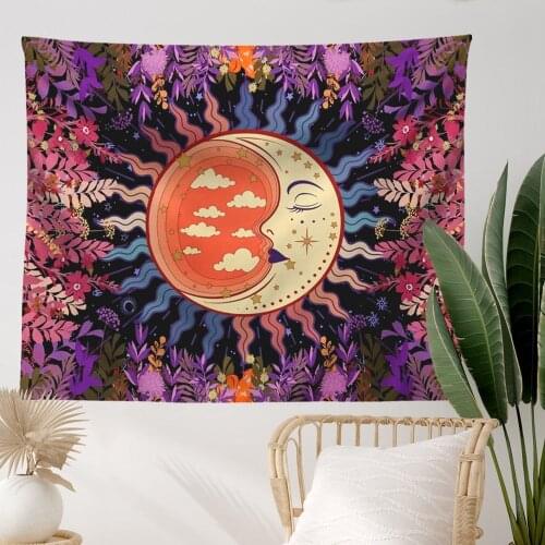 Sun and Moon Tapestry Burning Sun with Star Tapestry Psychedelic Flower Tapestry Botanical Mystic Tapestry Wall Hanging