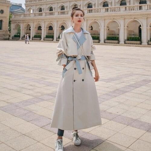 Womens Windbreaker Contrasting Color Stitching Long 2021 Spring Autumn New Korean Loose High Waist Double Breasted Outwear