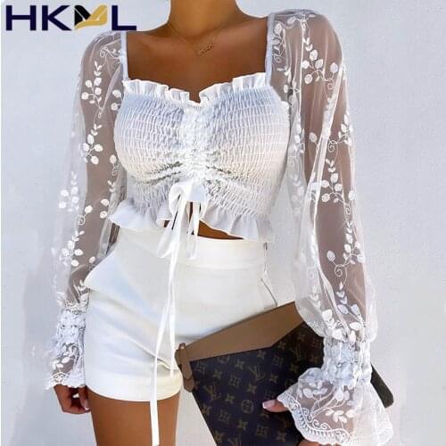 2021 Summer Women Casual White See Thourgh Long Sleeve Skinny Blouse Shirring Detail Frill Hem Leaf Pattern Mesh Fashion Top