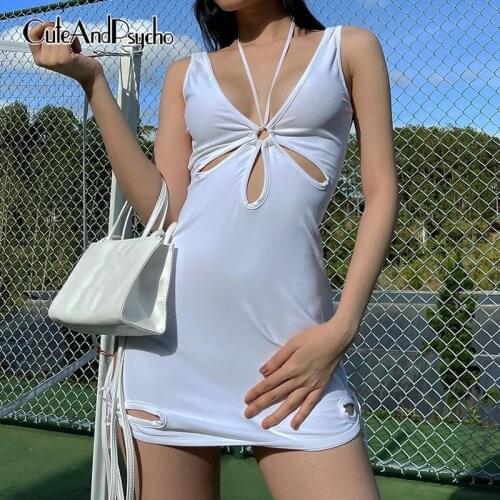 Womens Sexy Hollow Out Solid Y2K Mini Dresses Vintage Korean Bodycon Outfits Elegant Clubwear Cotton Party Dress Cuteandpsycho