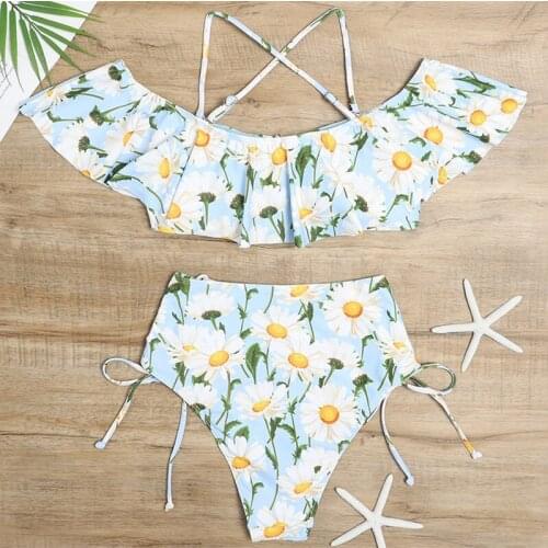 Women Off Shoulder Bikini Swimsuit Ruffle Top High Waist Two Piece Bathing Suit Floral Beachwear Biquini