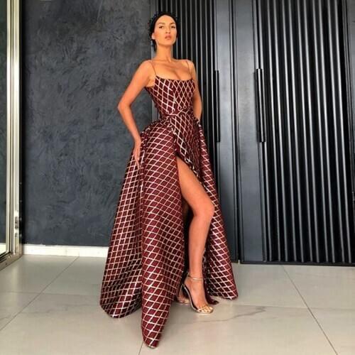 Women Modern Spaghetti Strap Side Slit Burgundy Prom Dress with Removable Train