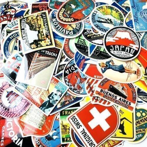 100Pcs mixed Retro Travel Hotel Logo country Stickers for Suitcase Bike skateboard book laptop sticker hydro vsco girl