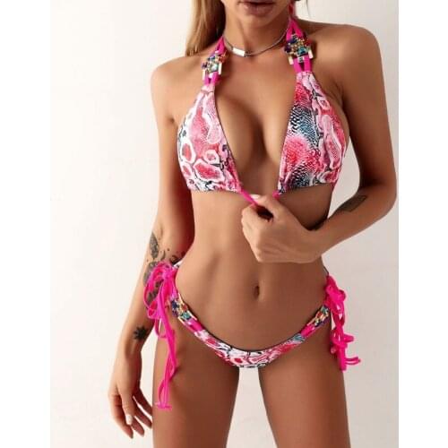 2021 New Fashion Ladies Snake Print Swimsuit Sexy Strappy Crystal Diamond High Elasticity Low Waist Split Swimsuit Bikini