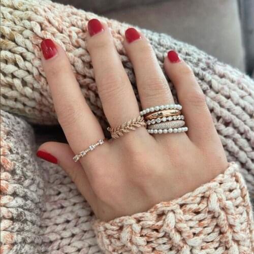 2021 New Fashion European Women Jewelry Gold Color Plated Stackable Ring Wheat Wave Clear CZ Cubic Zirconia Band Finger Ring
