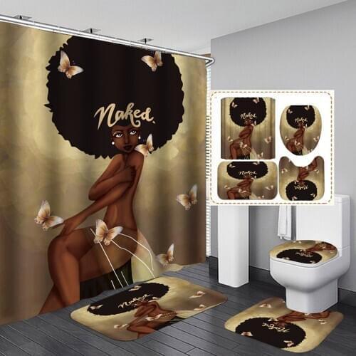African Afro American Lady Women Shower Curtain Set Bathing Sexy Girl Bathroom Non-slip Mat Rugs Toilet Lid Cover Home Decor