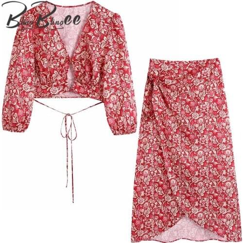 BlingBlingee Za 2021 Summer Woman Traf Outfits Female Casual Beach Printed Lace-Up Crop Tops + Maxi Skirt Suits 2 Piece Sets