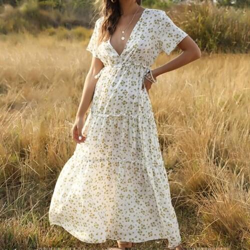 Bohemian Women Dress Ruffle Deep V Neck Large Hem Maxi Dress A Line Womens Clothing Summer Dresses female vestidos