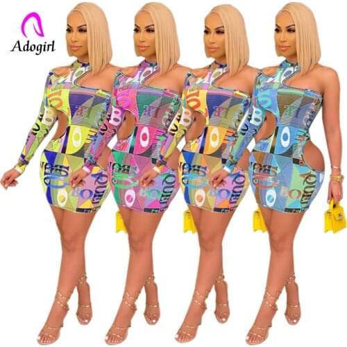 Letter Print Women Mini Dress One Shoulder Cutout Skinny Dress 2021 Summer Activewear Sexy Sheer Hollow Out Club Party Vestidos