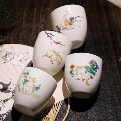 Mutton-fat Jade Teacup Cute Cat Cup Tasing Tea Cup Chinese Style Tea Set Cups 100ml Transparent Ceramic Teacup Wine Cup