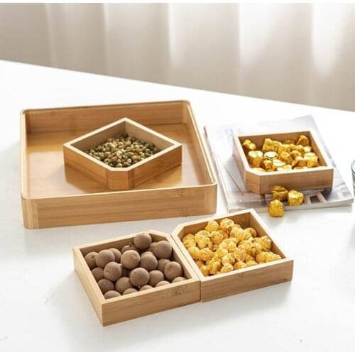 Bamboo Wooden Divided Serving Tray with Clear Acrylic Lid Dried Fruit Storage Box 4 Grid Nuts Platter Snack Candy Plate for