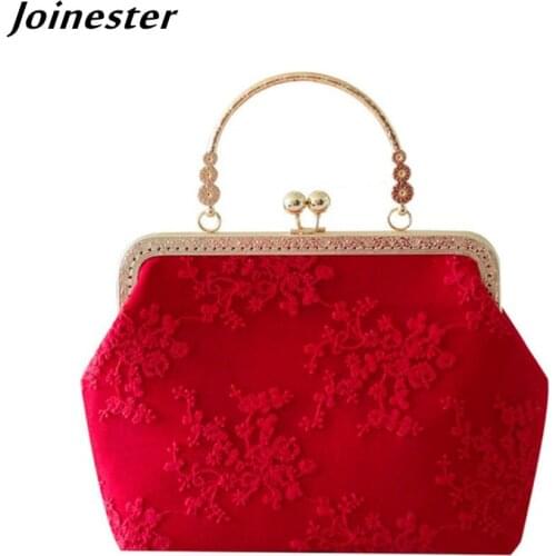 Canvas Lace Ladies Evening Bags for Women Wedding Party Handbag Vintage Red Clutch Purses Metal Frame Kiss Lock Shoulder Bag