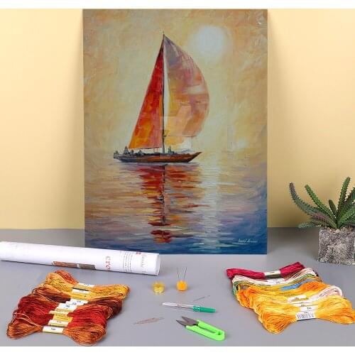 Oil Style Red Sail Printed Canvas 11CT Cross-Stitch Embroidery Patterns DMC Threads Sewing Handiwork Handmade Floss